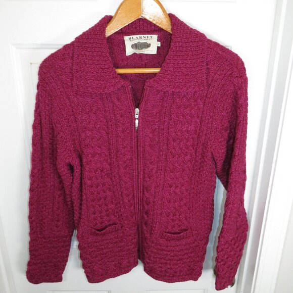 Blarney Woollen Mills Women’s Medium Sweater Full Zip Cable Knit Merino Wool - Picture 1 of 6